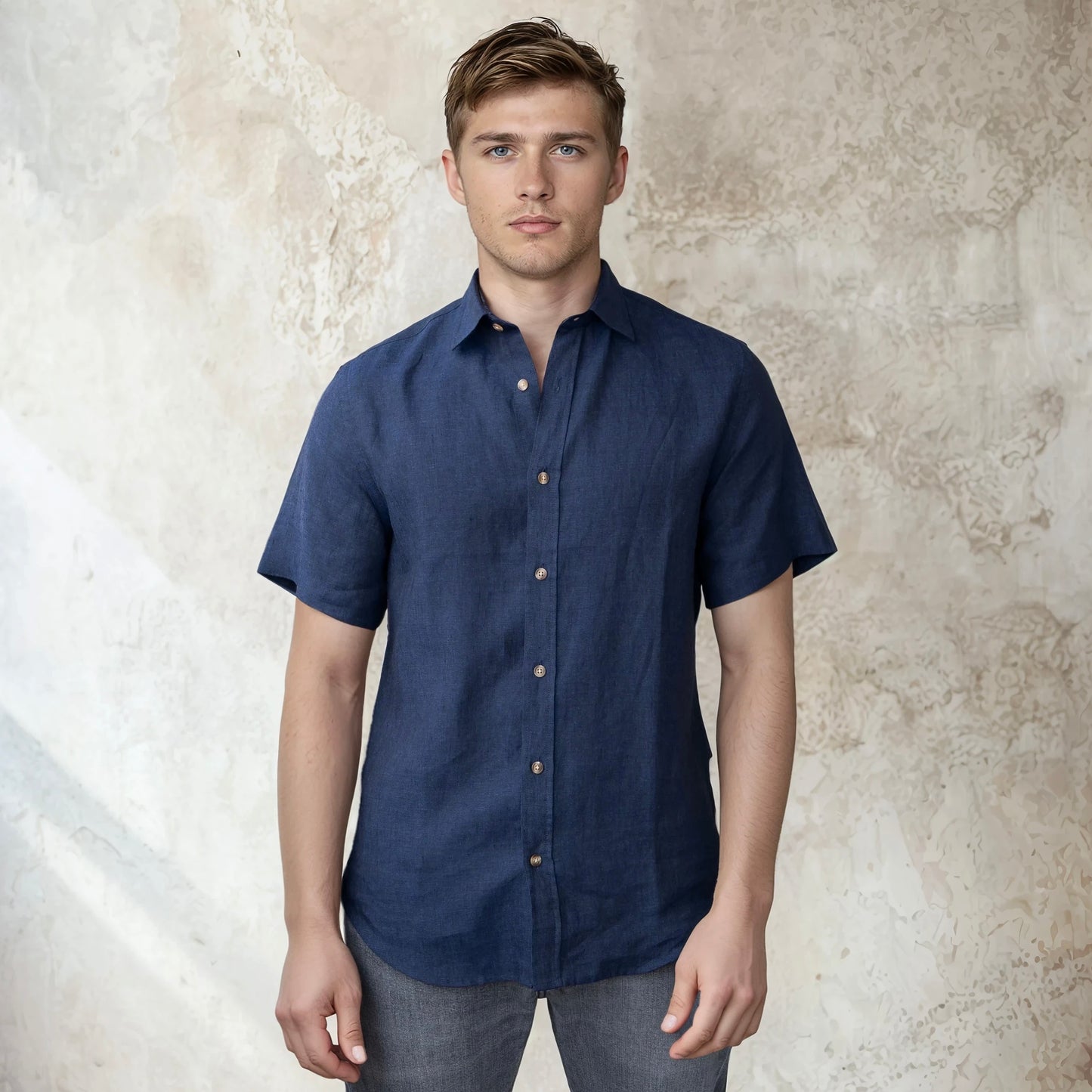 SHORT-SLEEVED LINEN - Indigo blue