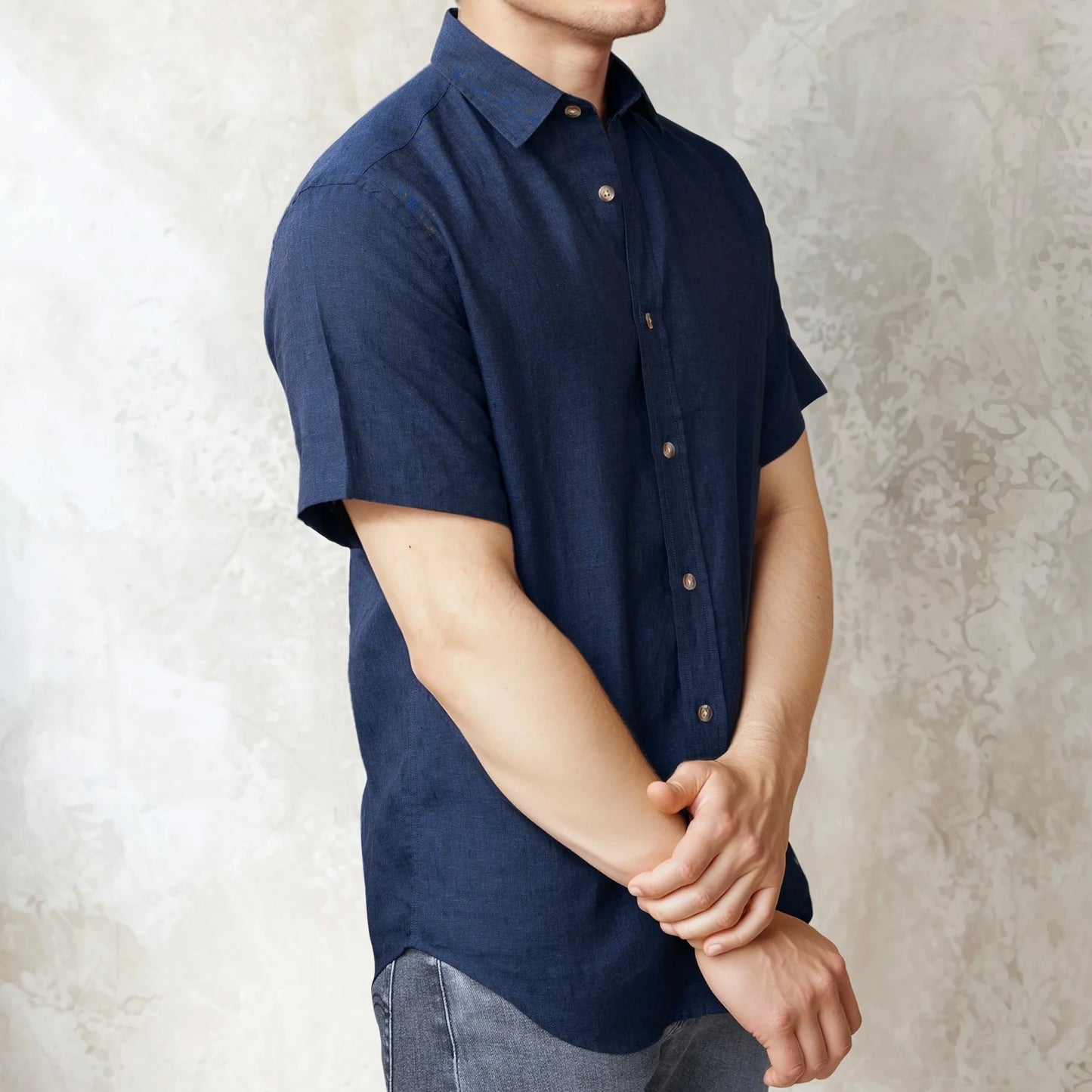 SHORT-SLEEVED LINEN - Indigo blue