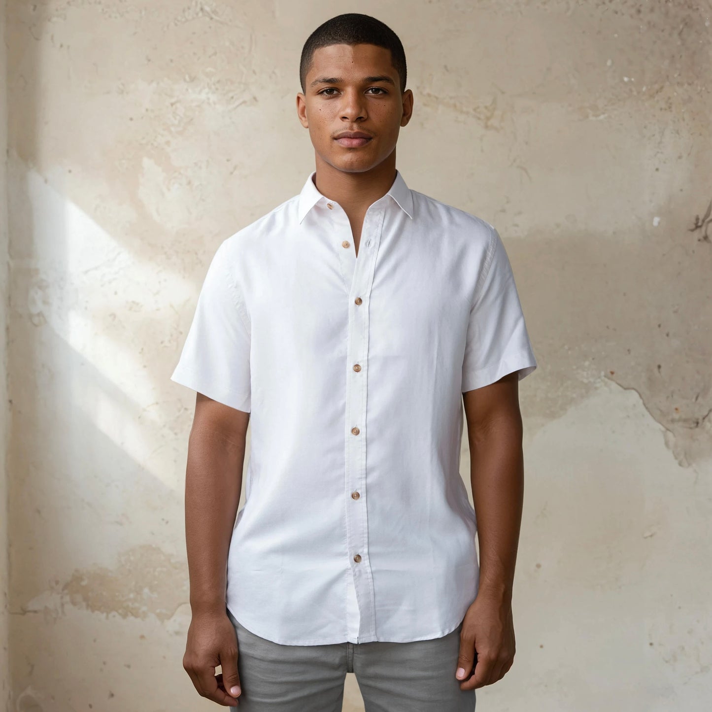 SHORT-SLEEVED TENCEL - Light beige